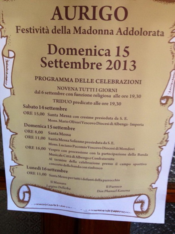 Aurigo: questo fine settimana le celebrazioni per la Festività della Madonna Addolorata