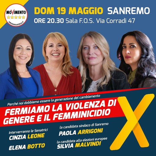 Elezioni Sanremo: questa sera, incontro del M5S dal titolo ‘Fermiamo la violenza di genere e il femminicidio, perché noi dobbiamo e possiamo essere la generazione del cambiamento’