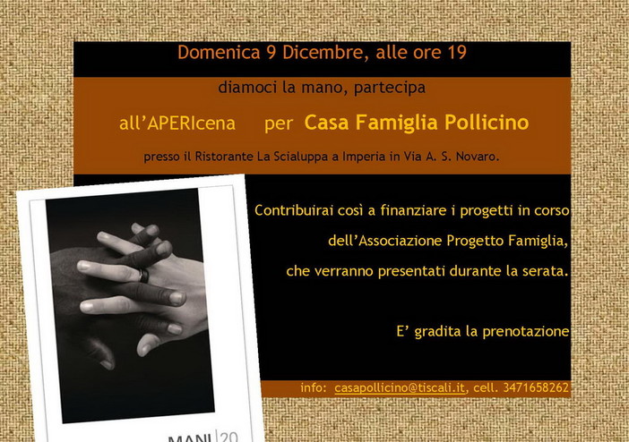 Imperia: domenica 9 dicembre l'Apericena per la Casa Famiglia Pollicino Imperia: domenica 9 dicembre l'Apericena per la Casa Famiglia Pollicino