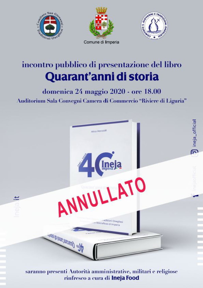 Imperia: presentazione libro ‘1981 / 2020 quarant'anni di storia’ rimandata al 23 giugno