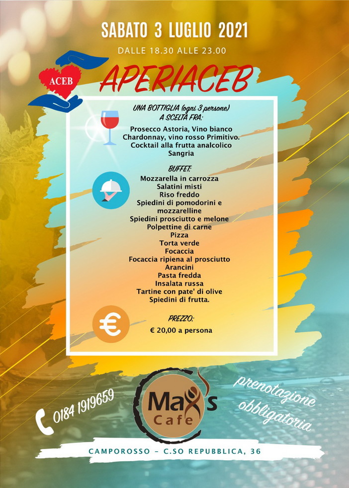 Camporosso: domani dalle 18.30 appuntamento con ‘Aperiaceb’, l'apericena benefico organizzato da Aceb