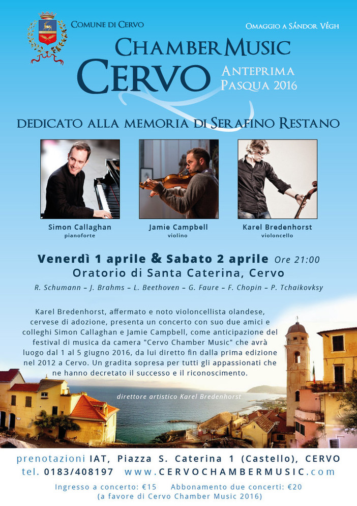 Cervo: concerto di Karel Bredenhorst, Simon Callaghan e Jamie Campbell, un'anticipazione del Festival di musica da camera 'Cervo Chambers Music'