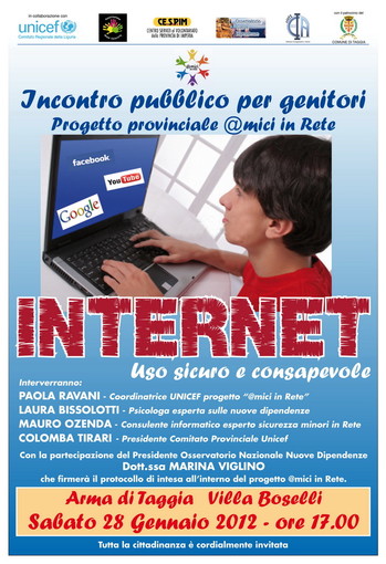 Taggia: sabato a Villa Boselli un incontro sulla tutela dei minori su internet Taggia: sabato a Villa Boselli un incontro sulla tutela dei minori su internet