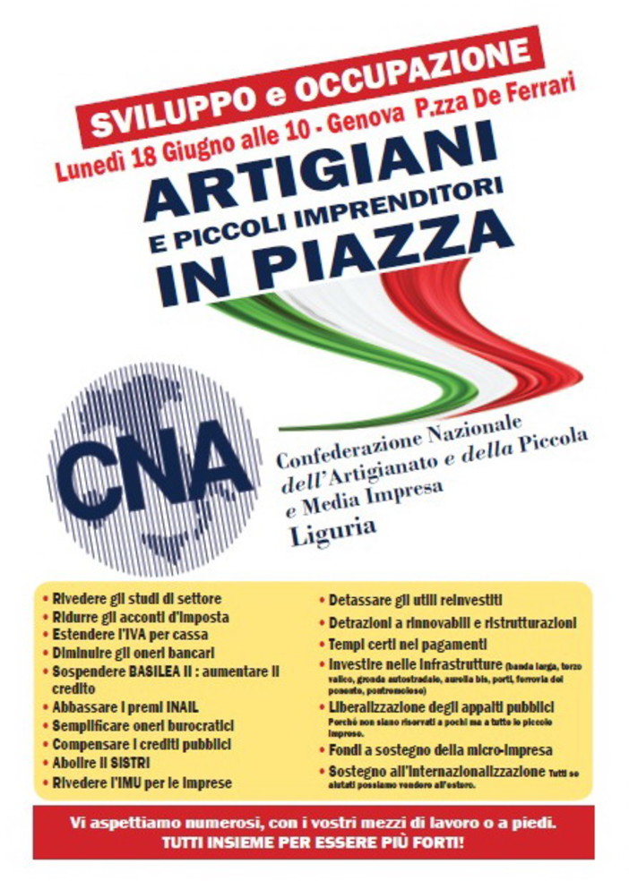Cna di Imperia organizza un pullman per la manifestazione degli artigiani in difesa del lavoro a Genova Cna di Imperia organizza un pullman per la manifestazione degli artigiani in difesa del lavoro a Genova