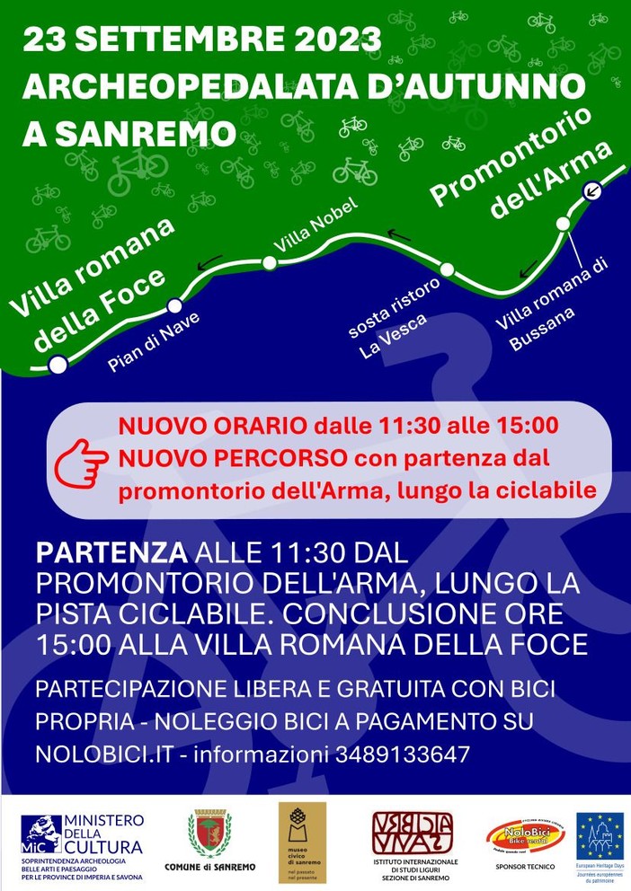 “Giornate Europee del Patrimonio 2023” a Sanremo: nuovi orari e percorso per l’archeopedalata d’autunno “Giornate Europee del Patrimonio 2023” a Sanremo: nuovi orari e percorso per l’archeopedalata d’autunno
