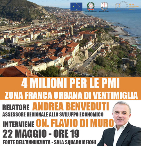 Ventimiglia: domani, Assessore Benveduti e Onorevole Di Muro presentano il bando da 4 milioni dedicato alla Zona Franca Urbana