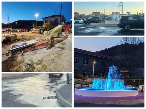 Vallecrosia al Mare, forte vento: l'acqua della fontana finisce sulla strada (Foto)