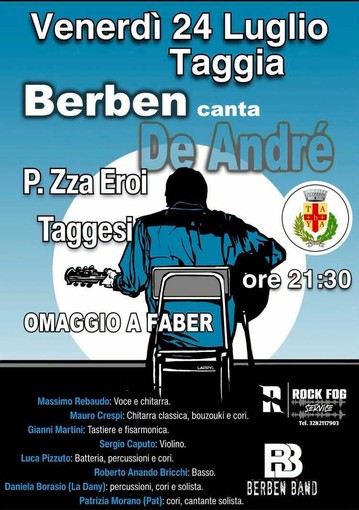Taggia rende omaggio a Fabrizio De André: venerdì sera il concerto della Berben Band in Piazza Eroi Taggesi Taggia rende omaggio a Fabrizio De André: venerdì sera il concerto della Berben Band in Piazza Eroi Taggesi