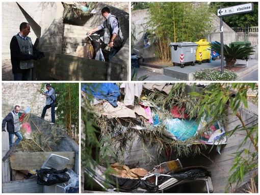 Sanremo: la Polizia Municipale sgombera alloggio di cartoni e stracci dalla stazione ferroviaria Sanremo: la Polizia Municipale sgombera alloggio di cartoni e stracci dalla stazione ferroviaria