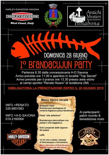 Isolabona: domenica 28 giugno raduno Harley Davidson al primo Brandacujun Party