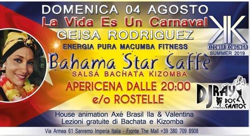 Domenica 4 agosto al Bahama Star serata sulle note dell'Onda Cubana con la special guest Geisa Rodriguez Domenica 4 agosto al Bahama Star serata sulle note dell'Onda Cubana con la special guest Geisa Rodriguez