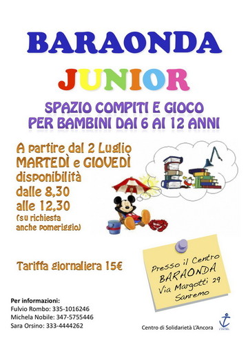 Sanremo: da luglio al via l'iniziativa per i bambini "Baraonda Junior, spazio compiti e gioco"