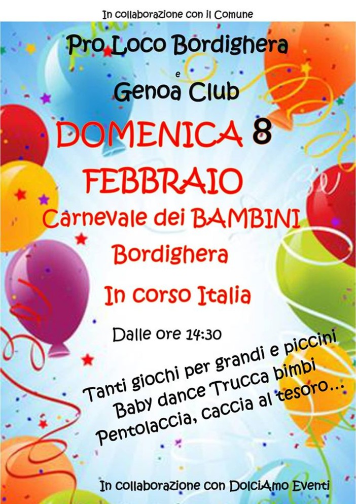 Bordighera. domenica prossima in corso Italia, appuntamento con il ‘Carnevale dei Bambini’ Bordighera. domenica prossima in corso Italia, appuntamento con il ‘Carnevale dei Bambini’