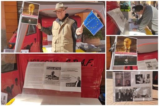 Imperia, Radicali in piazza per incriminare Putin alla Corte Penale dell'Aja. Buscaglia: "La colpa è anche dei nostri politici che gli hanno leccato i piedi" (foto e video) Imperia, Radicali in piazza per incriminare Putin alla Corte Penale dell'Aja. Buscaglia: "La colpa è anche dei nostri politici che gli hanno leccato i piedi" (foto e video)