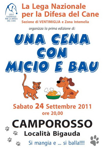 Camporosso: sabato 24, ‘Una cena con micio e bau’ a sostegno della Lega per la difesa del Cane di Ventimiglia Camporosso: sabato 24, ‘Una cena con micio e bau’ a sostegno della Lega per la difesa del Cane di Ventimiglia