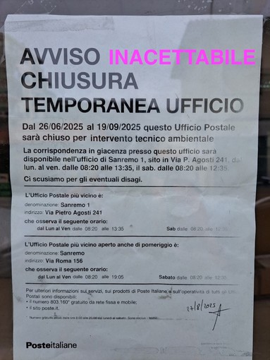 Ufficio postale al Borgo di Sanremo, nuovo rinvio: ANIMA attacca Poste Italiane Ufficio postale al Borgo di Sanremo, nuovo rinvio: ANIMA attacca Poste Italiane