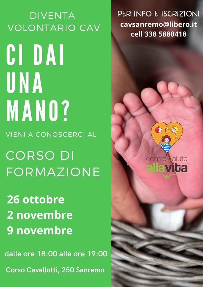 Sanremo: dal 26 ottobre tre incontri per diventare volontari del Centro Aiuto alla Vita Sanremo: dal 26 ottobre tre incontri per diventare volontari del Centro Aiuto alla Vita