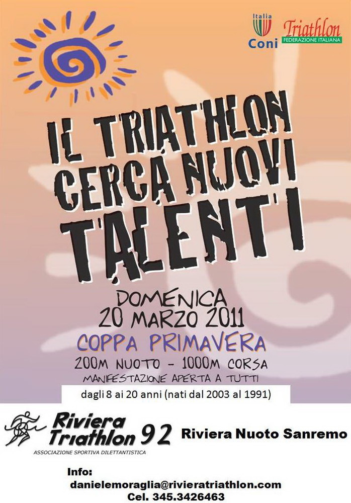 Triathlon: il 20 marzo prossimo la 'Coppa Primavera' organizzata dalla Riviera 1992 Triathlon: il 20 marzo prossimo la 'Coppa Primavera' organizzata dalla Riviera 1992