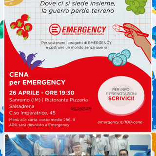 Sanremo, al Salsadrena la cena solidale di Emergency tra gusto e solidarietà per un mondo senza guerra