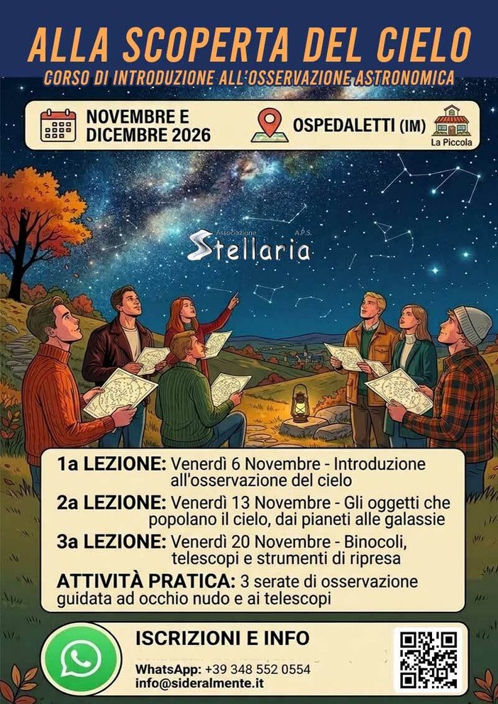 Ospedaletti, a novembre torna il corso di astronomia pratica di Stellaria: un viaggio alla scoperta della volta celeste Ospedaletti, a novembre torna il corso di astronomia pratica di Stellaria: un viaggio alla scoperta della volta celeste
