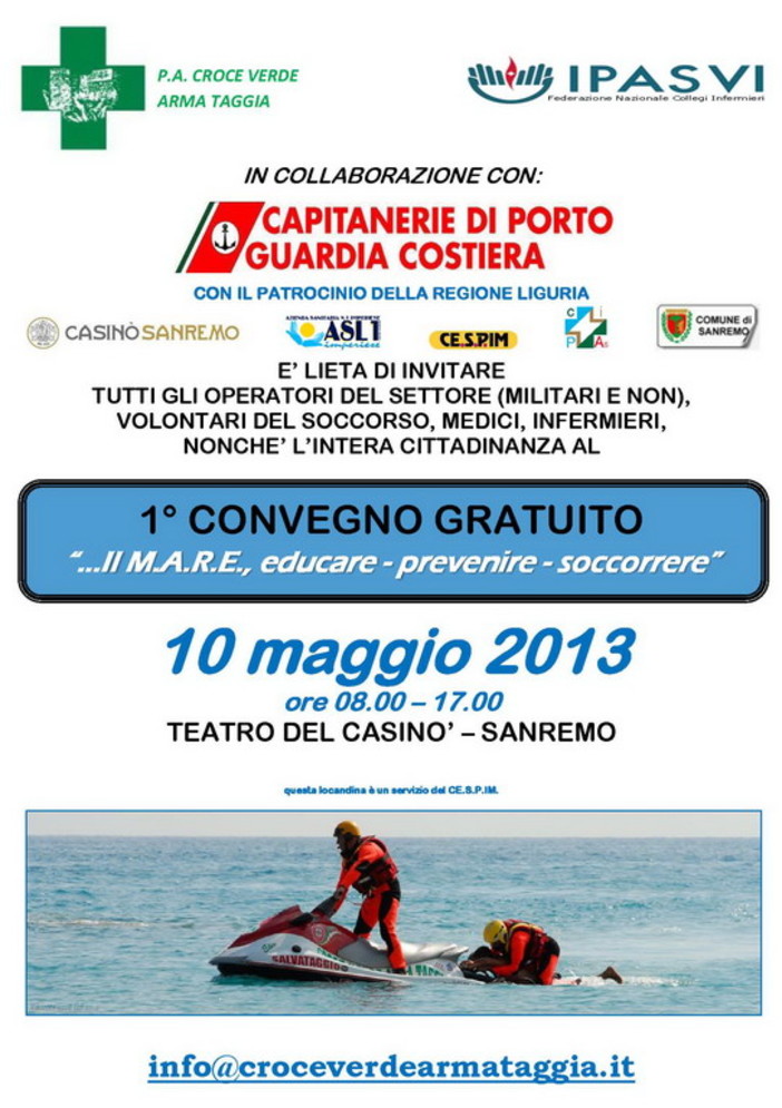 Sanremo: venerdì al Teatro del Casinò il primo convegno gratuito "..Il M.A.R.E. educare - prevenire - soccorrere" Sanremo: venerdì al Teatro del Casinò il primo convegno gratuito "..Il M.A.R.E. educare - prevenire - soccorrere"