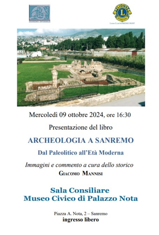 "Archeologia a Sanremo": mercoledì 9 ottobre la presentazione del libro di Giacomo Mannisi "Archeologia a Sanremo": mercoledì 9 ottobre la presentazione del libro di Giacomo Mannisi
