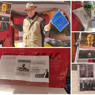 Imperia, Radicali in piazza per incriminare Putin alla Corte Penale dell'Aja. Buscaglia: "La colpa è anche dei nostri politici che gli hanno leccato i piedi" (foto e video)