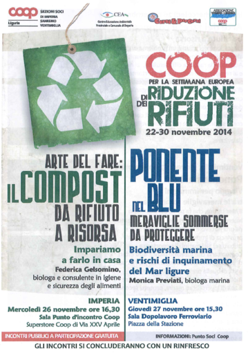 Settimana Europea di riduzione dei rifiuti, Coop Liguria organizza due incontri ad Imperia e Ventimiglia Settimana Europea di riduzione dei rifiuti, Coop Liguria organizza due incontri ad Imperia e Ventimiglia