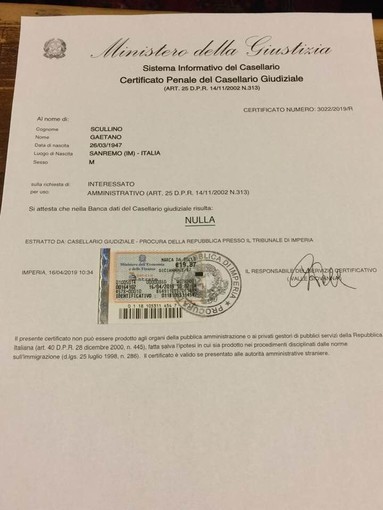 Ventimiglia: dopo quello di Enrico Ioculano, ecco il certificato penale di Gaetano Scullino