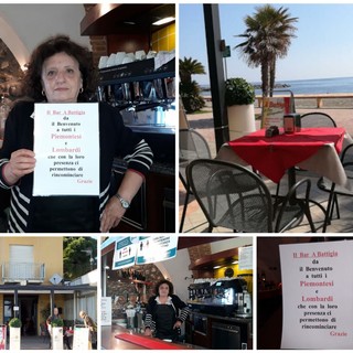 San Bartolomeo al Mare, cartelli con il benvenuto a piemontesi e lombardi: l'inziativa della barista Giancarla Riva Garbolino