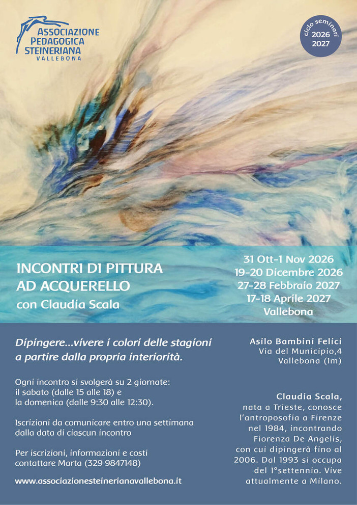 Vallebona, l'Associazione Pedagogica Steineriana presenta i laboratori di pittura ad acquerello con Claudia Scala