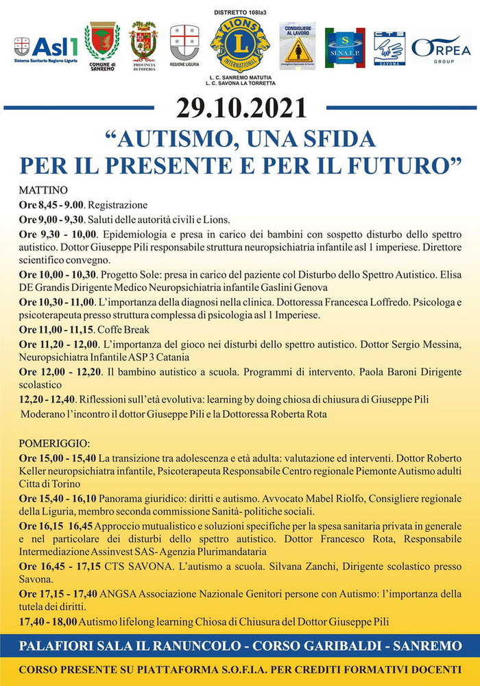 Sanremo: sabato prossimo, convegno Lions su ‘Autismo, una sfida per il presente e per il futuro’ Sanremo: sabato prossimo, convegno Lions su ‘Autismo, una sfida per il presente e per il futuro’