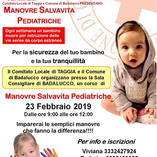 Badalucco: il 23 febbraio, Corso di manovre di disostruzione pediatrica a cura della Croce Rossa