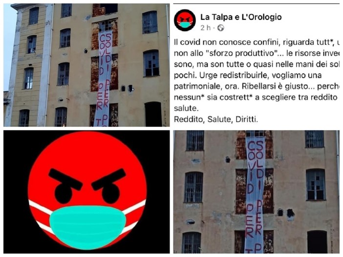 Imperia, "Covid per tutti, soldi per pochi", azione dimostrativa de 'La Talpa e l'Orologio": appeso uno striscione di protesta all'ex Sairo (Foto) Imperia, "Covid per tutti, soldi per pochi", azione dimostrativa de 'La Talpa e l'Orologio": appeso uno striscione di protesta all'ex Sairo (Foto)