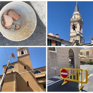 Imperia, cadono calcinacci dal campanile di San Giovanni, area messa in sicurezza: il danno "provocato" dai piccioni (foto)