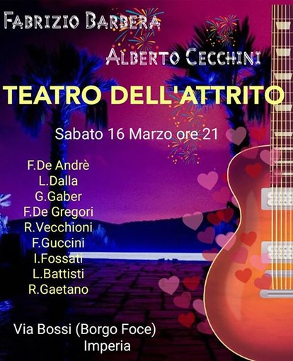 Imperia: sabato prossimo, ritorna il cantautorato d'autore al Teatro dell'Attrito Imperia: sabato prossimo, ritorna il cantautorato d'autore al Teatro dell'Attrito