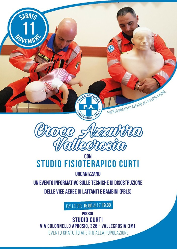 La Croce Azzurra Vallecrosia fissa a novembre due eventi formativi sulle tecniche di primo soccorso