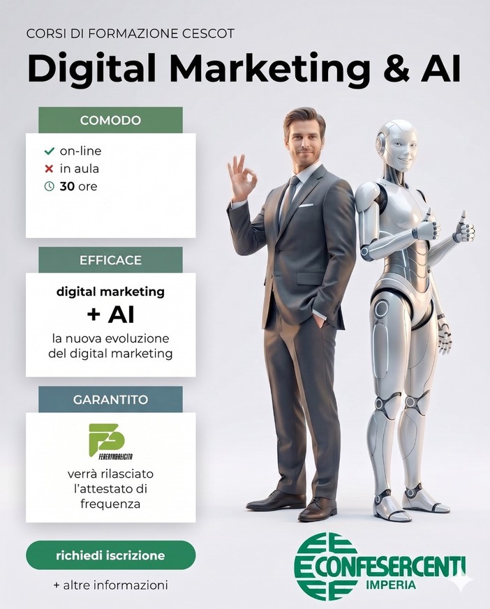 Confesercenti della Provincia di Imperia promuove il "Corso di eccellenza in digital marketing e AI" Confesercenti della Provincia di Imperia promuove il "Corso di eccellenza in digital marketing e AI"