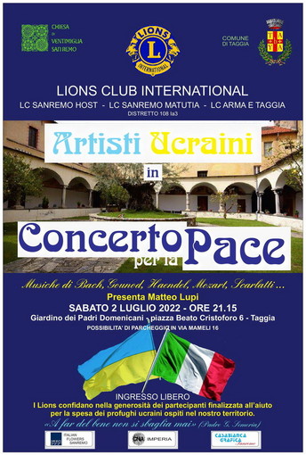 Taggia: artisti Ucraini in 'Concerto per la Pace' questa sera ex Convento dei Domenicani