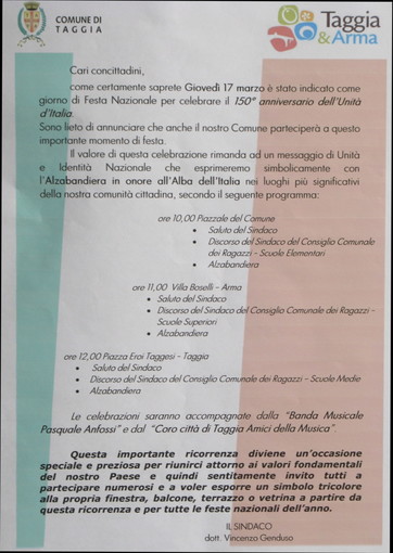 Taggia: il programma delle celebrazioni per 150 anni del'Unità d'Italia Taggia: il programma delle celebrazioni per 150 anni del'Unità d'Italia
