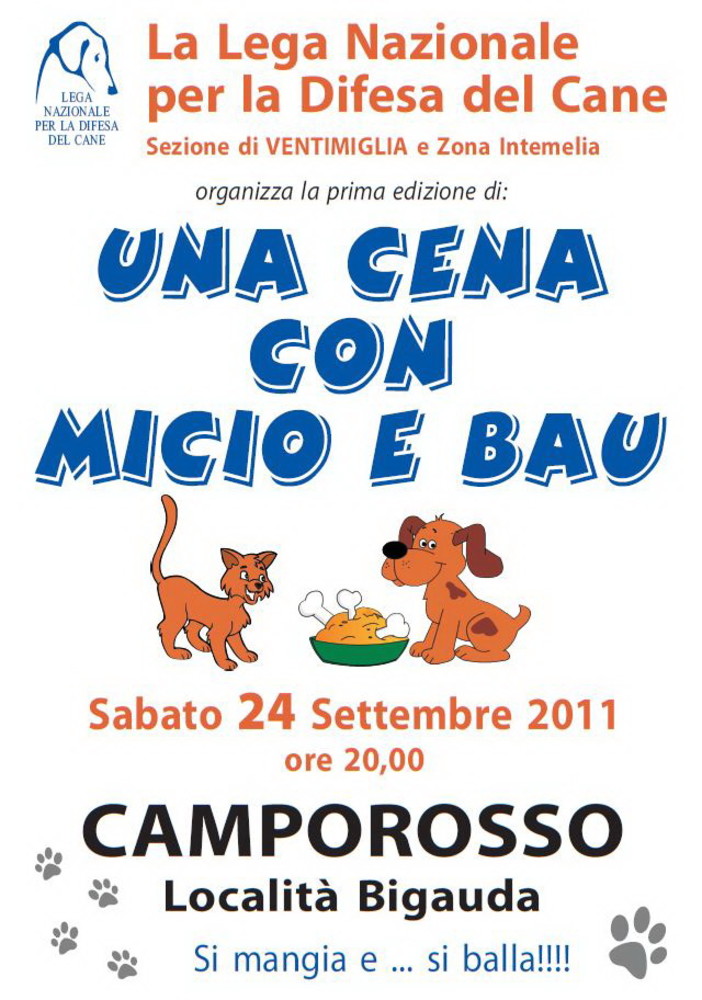 Camporosso: sabato 24, ‘Una cena con micio e bau’ a sostegno della Lega per la difesa del Cane di Ventimiglia