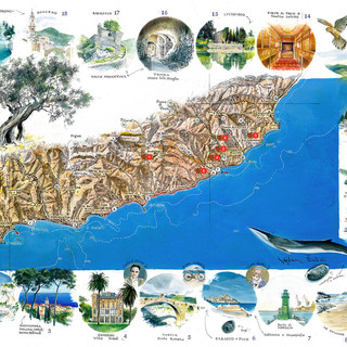 Ecco la 'Cartina d'Autore' della provincia di Imperia: il depliant turistico impreziosito dagli acquerelli di Faravelli