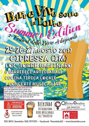 Cipressa: ad Agosto ritorna "Birre vive sotto la Torre Summer edition". Tre giorni di birre artigianali, rock e cucina ligure