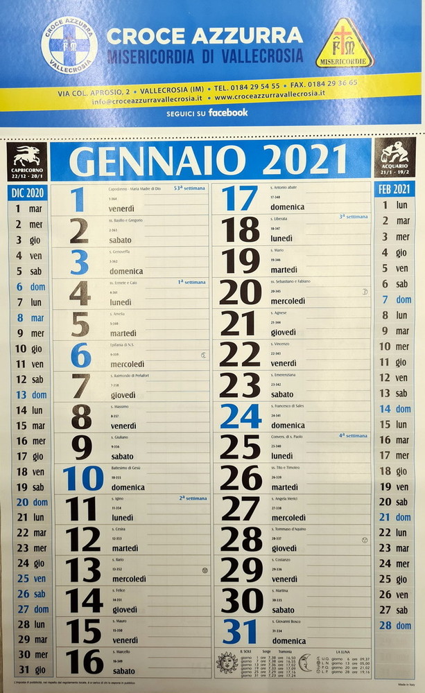 In distribuzione i calendari della Croce Azzurra-Misericordia di Vallecrosia