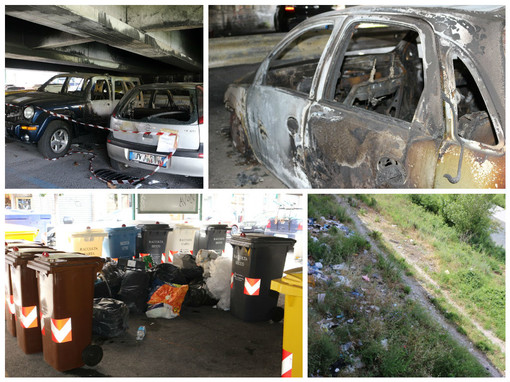 Ventimiglia: degrado in via Tenda tra aumento anomalo di rifiuti e auto bruciate ferme da settimane (Foto)