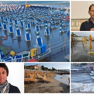 Il maltempo non risparmia Diano Marina, mareggiata colpisce gli stabilimenti a est e ovest: operatori balneari a lavoro per contenere i danni (foto)