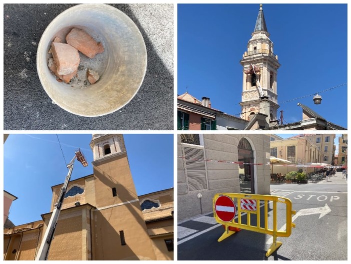 Imperia, cadono calcinacci dal campanile di San Giovanni, area messa in sicurezza: il danno "provocato" dai piccioni (foto)