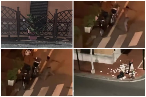Notte di follia a Ventimiglia, uomo armato di bastone distrugge il dehor di un bar e alcuni scooter (foto e video)