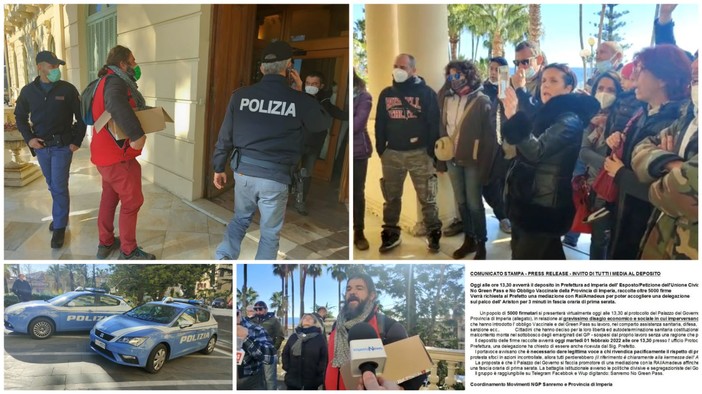 Imperia, i movimenti no green pass e no vax depositano petizione al Prefetto: insulti alla Polizia e minacce ai giornalisti (foto e video) Imperia, i movimenti no green pass e no vax depositano petizione al Prefetto: insulti alla Polizia e minacce ai giornalisti (foto e video)