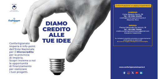 Accesso al microcredito dai 10mila ai 50mila euro, il nuovo servizio negli Uffici Credito di Confartigianato a Imperia e Sanremo Accesso al microcredito dai 10mila ai 50mila euro, il nuovo servizio negli Uffici Credito di Confartigianato a Imperia e Sanremo